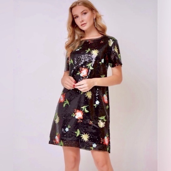 Zara Dresses & Skirts - ZARA BLACK SEQUINED SHIFT MINI DRESS MULTICOLORED FLORAL EMBROIDERY WOMEN SIZE M